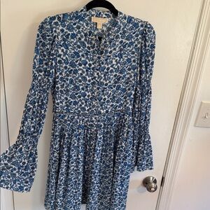 Michael Kors SX Blue Floral Bell Long Sleeve Dress